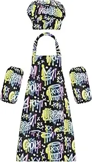 AIXIWAWA Kids Apron Chef Hat Set, Child Kitchen Bib Aprons Adjustable for Cooking Baking Painting (Graffiti Slogan)