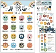 Hadley Designs Feelings Chart for Kids – 4 Pack Emotion Posters for Classroom & Home, Laminated Social Emotional Learning (SEL) & Behavior Management Tools, 11x17 Boho Classroom Decor