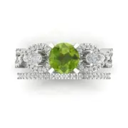 2 Round Cut Pear 3 stone Real Peridot Promise Bridal Band set 14k White Gold