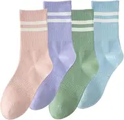 [PLUSHCEWT] 4 Pairs Womens Socks Ultra Soft Cotton Socks Grip Socks for Women Girls Breathable Durable Stretchable Colourful Pilates Yoga Socks Non Slip Solid Stripes Crew Socks Sports Athletic Socks,