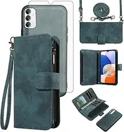 [Asuwish] Phone Case for Samsung Galaxy A14/M14 5G Zipper Wallet Magnetic Cell Cover with Tempered Glass Screen Protector Crossbody Strap Flip Credit Card Holder A 14 4G 14A 14M G5 Women Girls Blue