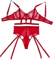 [Zylphorix] Women's Eyelash Lace Lingerie Set Bra Panty Belt See Through Underwire Sexy Strappy Through Bodysuit Underwear