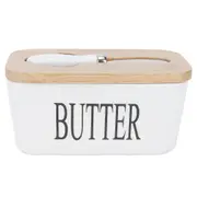 Butter Container with Wooden Lid Ceramic Sealed Kitchen Butter Box Food Dish Storage Tray