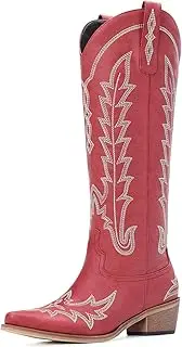 [Rivalran] Cowboy Boots for Women - Knee High Embroidered Western Cowgirl Boots, Pointed Toe Chunky Heel Retro Country Boots, Pull On Zipper Vintage Fashion Tall Boots for Girls Ladies