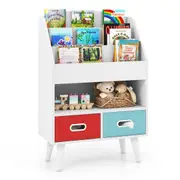 Babyjoy 3-Tier Bookshelf Wooden Display Bookcase w/2 Foldable Drawers Toy Storage Organizer White