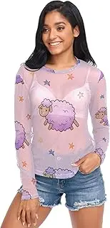 [RPLIFE] Cute Purple Sheep Pink Long Sleeve Fishnet Top, Mesh Shirts for Women Sexy S-XXL