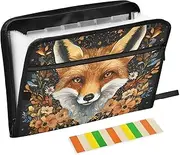 Quteprint 13 Pockets Expanding File Folder with Zipper Closure, Floral Flowers Cute Fox Accordion File Folder with Sticky Labels, Letter Size A4 Papers Expandable File Document Organizer