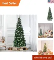 Artificial Pencil Christmas, Snow Flocked Tree with Metal Stand, Pine Cones D...