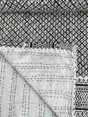Black Floral King Size Kantha Quilt Handmade Blanket Hand Block Print Bedspread