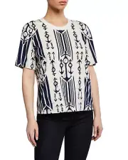 NEW Tory Burch T Shirt Off White Navy Anchor Nautical Top Seafaring Stripe S