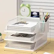 Desk File Organiser, 3 Tier Drawable Storage Rack with Top Box Letter Tray Paper Organiser with Pen Holder and Metal Hanging Basket, Simple and Stylish Office Supplies (Vertical)