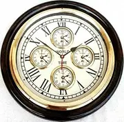 crystal-crafts Antique Vintage Style Brass Wooden Wall Clock World Time Decor Nautical for Gift