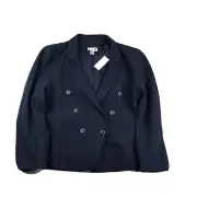 Ann Taylor Loft Jacket Women 12 Blue Striped Linen Blend Lined Shoulder Pads NWT