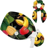 [FVQL] 1 Pack Scrub Hat for Long Hair, Surgical Cap with Hair Scrunchy, Ponytail Holder Nurse Hat, fruit banana and leaf