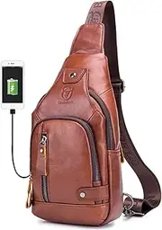[BULLCAPTAIN] Leather Men Sling Bags Travel Crossbody Chest Bag Hiking Daypack with USB Charging Port Multi-Pocket, Brown, One_Size