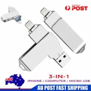 USB Flash Drive 128/256GB U Disk 3 in 1 Storage Memory Stick For iPhone iPad PC