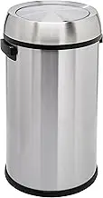 Amazon Basics Round Cylindrical Stainless Steel Rubbish Bin with Swing Lid, 65 litres, Silver & Black