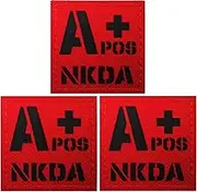 A Positive Blood Type Patch, A POS A+ NKDA Infrared Ir Reflective Medical Patches, Hook and Loop Fastener Backing - 1.97 x 1.97 Inch - Bundle of 3 Pieces - No Known Drug Allergies