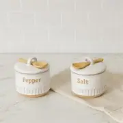 New Farmhouse Tan White Pottery STONEWARE SALT PEPPER CELLAR Container SET