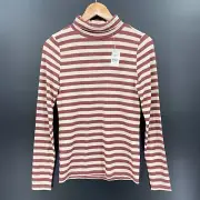 NWT LOFT Size Small Brick Red Shimmer Striped Pull Over Turtleneck Sweater
