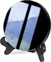 JIEXUAN Black Obsidian Scrying Mirror, Black Obsidian Circle Disc Feng Shui Mirror with Stand, Home Desk Decor Crafts (18cm)