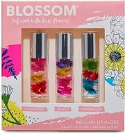 Blossom Roll on Lip Gloss, Scented Clear High Shine Moisturizing Lip Oil, Non Sticky, Infused with Real Flowers, Made in USA, 0.3 fl. oz./9ml, 3 pack Mini Gift Set, Strawberry, Watermelon, Mango