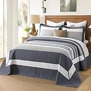 DUOHONG 120"x120" Oversized Bedspread - 100% Cotton, Striped Pattern California King Extra Large Quilt, Cal King XL Bed Spread Lightweight Comforter, 3pcs, Blue/Gray/White