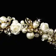 Gold Champagne Pearl Austrian Crystal Porcelain Flower Wedding Tiara Crown