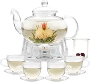 Glass Teapot Set, 34OZ/1000ML Glass Tea Kettle with Loose Tea Infuser & Warmer, 5oz/150ML Tea Cup & Saucer Set of 4, Stovetop & Microwave Safe Tea Maker, Blooming Tea Gift Set for Women