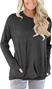 [onlypuff] Women's Casual Solid T-Shirt Batwing Long Sleeve Tunic Tops Round Neck Loose Comfy Pockets