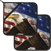 2 Pack Pot Holders for Kitchen Heat Resistant Potholders American USA Flag Eagle Art Pot Holders Set Washable Hot Pads with Loop Non Slip Potholders for Cooking Baking BBQ Microwave 8 x 8 Inch