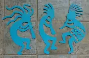 Set 3 Kokopelli Musicians Plasma Cut Metal Wall Art Each 18" Tall Turquoise