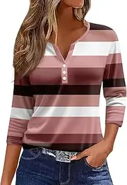 [Valtorixia] 3/4 Length Sleeve Women Henley V Neck Tops Casual Length Button Down Shirt Floral Print Blouses Plus Size Trendy Comfy Tees (color-b-19,Medium)