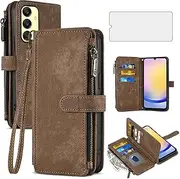 [Asuwish] Phone Case for Samsung Galaxy A25 5G/A24 4G/M34 /F34 Wallet Cover with Tempered Glass Screen Protector Leather Flip Credit Card Holder Stand Cell Accessories A 25 25A 24A LTE Women Men Brown