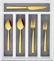 LIANYU 20-Piece Gold Silverware Set with Tray, Stainless Steel Square Flatware Cutlery Set for 4, Gold Eating Utensils for Home Restaurant, Dishwasher Safe, Mirror Finished