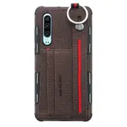 For Huawei P30 Cloth Texture + TPU Shockproof Protective Case with Metal Ring & Holder & Card Slots & Hanging Strap(Coffee)