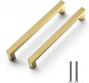 30 Pack Brass Gold Cabinet Pulls 6 1/4 Inch Hole Center Kitchen Cabinet Handles - Square Dresser Handles Brushed Gold Drawer Pulls
