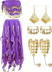 [Haysandy] 8 Pcs Belly Dance Outfit Sets, Belly Dance Chiffon Skirt with Coins, Belly Dancing Hip Scarf Skirt Wrap, 2 Coin Bracelets, 2 Gold Boho Earrings, and 2 Boho Anklet Bracelet for Women Girls
