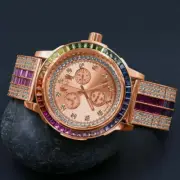 Rainbow Multi Tone 18K Rose Gold Tone Real Diamond Dial Solid Steel Bezel Watch