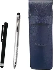 SASL-ALB-TP04 Grain Leather Pen Case, Blue, Metal Touch Stick, Black and Smartphone Touch φ9 Rotating Ballpoint Pen Set, Silver