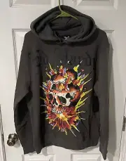 Ed Hardy Retro Tattoo Exploding Skull Charcoal Pullover Hoodie Sweatshirt