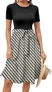 [HELYO] Women's Elegant Vintage Round Neck Short Sleeve Summer Casual Work Party A-Line Dress with Belt 809