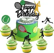 26Pcs Tennis Thematic Cake Decoration - Happy Birthday Cake Toppers, Glitter Man Cupcake Toppers, Player Silhouettes for Sport Theme Baby Shower Birthday Party Supplies