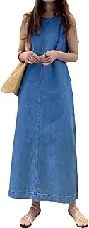 [Generic] Vintage Women's Sleeveless Maxi Denim Dress - Loose Fit Long Jean Dress with Pockets, Patchwork Cotton Blend Casual Vest 2025