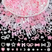 1200Pcs 3D Multi Shapes Nail Charms and Flatback Pearls, White&Pink Mix Styles Heart Star Bow Sunflower Embellishments for Nail Art, Craft and Decoration with Tweezer and Pickup Pencil