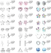 [Kakonia] 24 Pairs Hypoallergenic Screw Back Stud Earrings for Women Girls Surgical Steel Flat Back Earrings Cartilage Stud Cute Tiny CZ Heart Star Ball Flower Screwback Earrings Set Multicolored 20G
