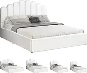 ALFORDSON Bed Frame with Gas Lift Storage Base Double Size, Bed Platform Foundation with PU Leather Upholstered Tufted Headboard for Mattress Topper, Milton White