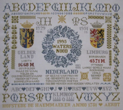 COMPLETED CROSS STITCH REMEMBRANCE SAMPLER JAN HOUTMAN DUTCH FLOOD 1995