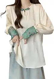 [DSAoTeng] Women Chinese Long Sleeve Plate Buckle Tang Shirt-Casual Vintage Loose Fit Chinese Traditional Button Stand Collar Blouse Tops