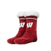FOCO NCAA Officially Licensed Wisconsin Badgers Solid Stripe Logo Footy Slipper